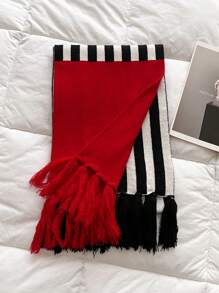 1件女款仿羊絨2023全新針織條紋拼接簡約時尚百搭披肩搭配加厚保暖圍巾適合日常使用 - 紅色 - 查看 5