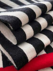 1件女款仿羊絨2023全新針織條紋拼接簡約時尚百搭披肩搭配加厚保暖圍巾適合日常使用 - 紅色 - 查看 6