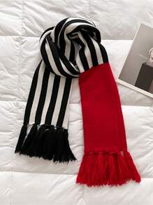 1件女款仿羊絨2023全新針織條紋拼接簡約時尚百搭披肩搭配加厚保暖圍巾適合日常使用 - 紅色 - 查看 2