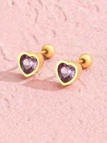 1對時尚簡約不鏽鋼心形立方氧化鋯裝飾耳釘,適用於女孩甜美派對珠寶,兒童生日禮物 - 金黃色 - 查看 8