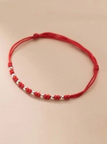 HuooNew 1pc Minimalist 925 Sterling Silver Beaded Red Rope Bracelet For Daily Wear, Adjustable