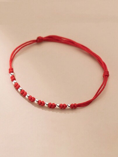 HuooNew 1pc Minimalist 925 Sterling Silver Beaded Red Rope Bracelet For Daily Wear, Adjustable