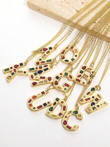 1 Pc Crystal Decor Gold Initial Necklace For Women Pendant Necklaces Daily Party Christmas Jewelry Gifts - Multicolor - View 5