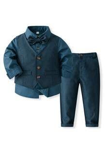 KIMOCAT 3 件套年轻男孩上扣背心西装外套、长袖衬衫和裤子、英式花卉婚礼绅士正装、春秋季节、无领结