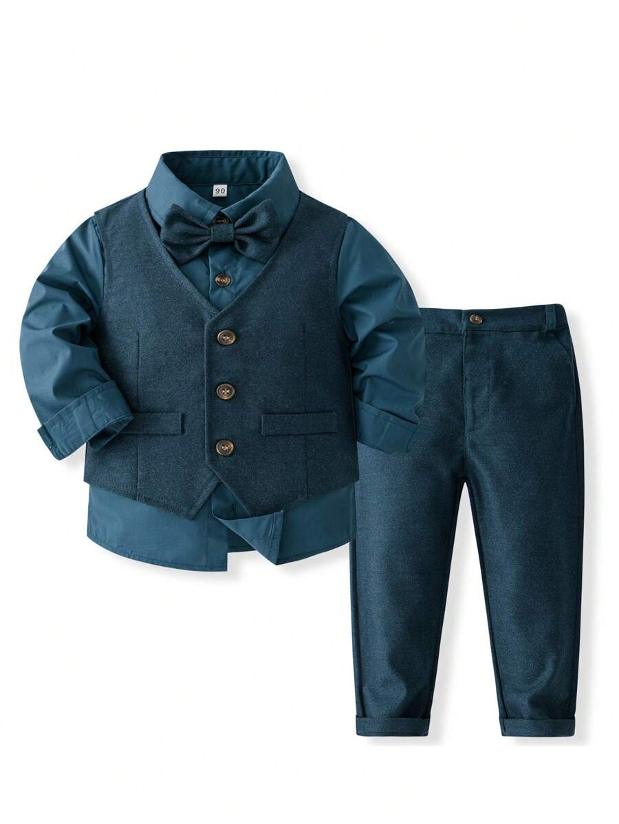 KIMOCAT 3 件套年轻男孩上扣背心西装外套、长袖衬衫和裤子、英式花卉婚礼绅士正装、春秋季节、无领结