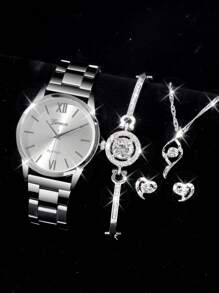 5 cái Sành điệu Và Tối giản Dạng hình tròn Kiểu Con trỏ Của phụ nữ Thép Ban nhạc Đồng hồ thạch anh + Hợp kim Trắng đá Kim cương Vòng tay Hoa tai Dây chuyền Sự phối hợp Bộ , Thích hợp Đối với Của phụ nữ Hằng ngày Đồ trang trí - Bạc - Xem 1