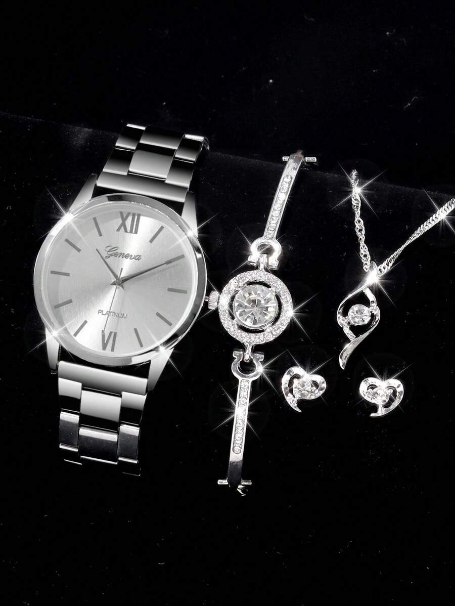 5 cái Sành điệu Và Tối giản Dạng hình tròn Kiểu Con trỏ Của phụ nữ Thép Ban nhạc Đồng hồ thạch anh + Hợp kim Trắng đá Kim cương Vòng tay Hoa tai Dây chuyền Sự phối hợp Bộ , Thích hợp Đối với Của phụ nữ Hằng ngày Đồ trang trí - Bạc - Xem 1