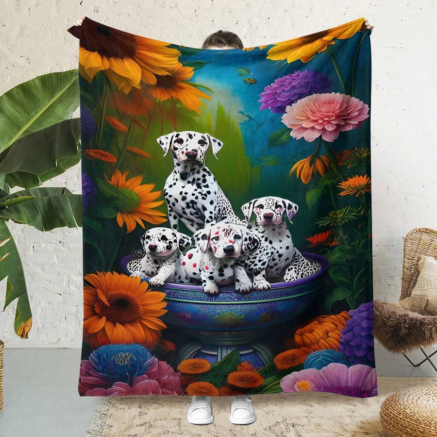 1pc Spotted Dog Pattern Flannel Fleece Blanket, Suitable As Abstract Pattern Soft And Warm Sofa, Air Conditioning Or Bed Blanket In All Seasons - Multicolor - View 1