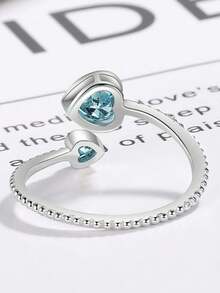 1 件純 S925 銀色深紫色雙心形切割二月生日石可調節開口戒指,送給女朋友的浪漫禮物、女孩、情人節、生日、珠寶配件 - 藍色 - 查看 5