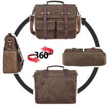 Mens Laptop Messenger Bag Waterproof Canvas Leather Satchel Briefcase Shoulder Bag Computer Work Bag 15.6 Inch - Brown - View 6