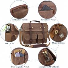 Mens Laptop Messenger Bag Waterproof Canvas Leather Satchel Briefcase Shoulder Bag Computer Work Bag 15.6 Inch - Brown - View 8