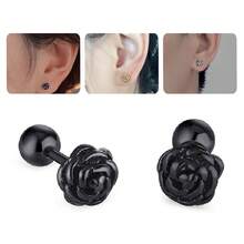2 件復古玫瑰花耳環和女式手術鋼花耳環,金色和黑色,情人節禮物 - 銀色 - 查看 5