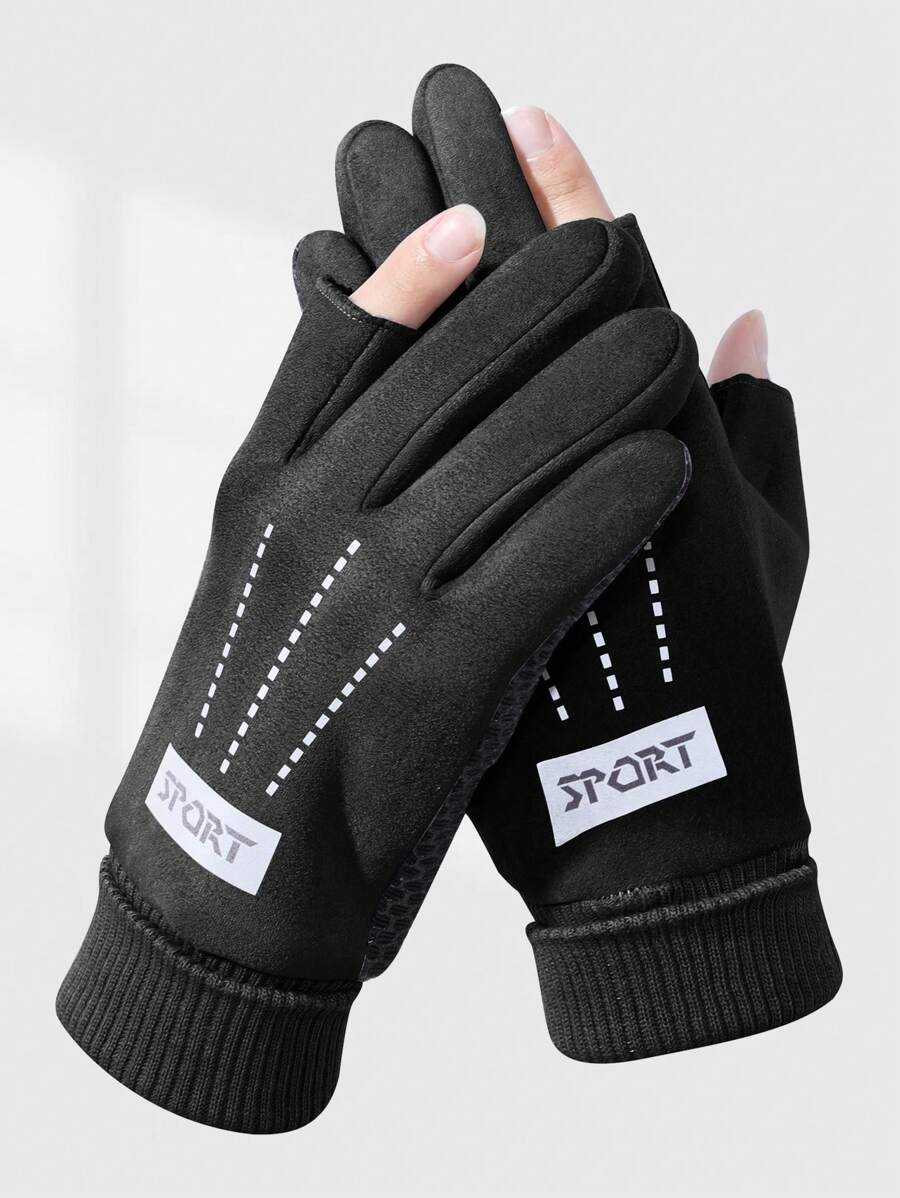 1 雙男式簡約保暖黑色薄款無指戶外騎乘手套 - 黑色 - 查看 1