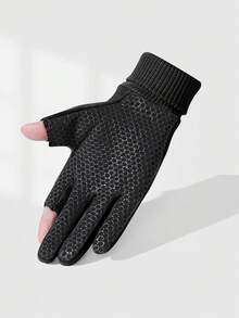 1 雙男式簡約保暖黑色薄款無指戶外騎乘手套 - 黑色 - 查看 3