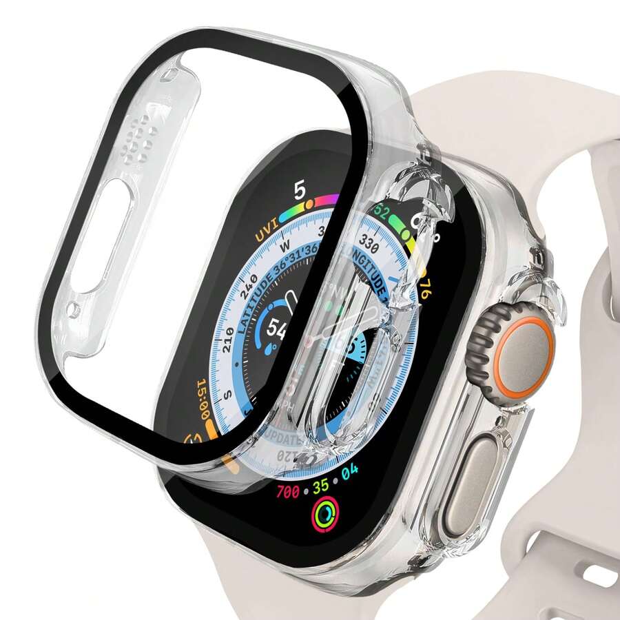 適用於Apple Watch Ultra 2 49mm的手錶保護殼和屏幕保護貼，硬質帶鋼化玻璃屏幕保護貼，手錶套第9系列保護殼，超薄耐用防水保護殼，1入，透明