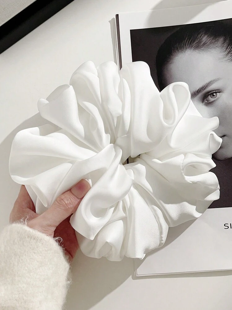 1pc White Oversized Faux Silk Hair Scrunchie, Super Large Fluffy Satin Elastic Ponytail Holder With Luxurious Soft Texture - White - View 5