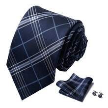 1套格子領帶、口袋方巾和男士袖扣禮盒,藍色,7.5厘米寬,適用於節日、婚禮和工作 - HB216 - 查看 6