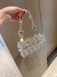 Moonlit EveBag Women'S Fashionable Shiny Rhinestone & Rope Decor Translucent Acrylic Square Clutch, Perfect For Dinner Party, Prom, Valentine'S Day Gift, Etc.