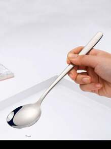 Thép không gỉ Tay cầm dài Cái thìa , Hàn Quốc Phong cách , Người lớn Bộ đồ ăn , Muông ăn sup , Người Nhật Bản Muông ăn sup - Bạc - Xem 4