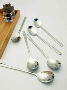 Thép không gỉ Tay cầm dài Cái thìa , Hàn Quốc Phong cách , Người lớn Bộ đồ ăn , Muông ăn sup , Người Nhật Bản Muông ăn sup - Bạc - Xem 2