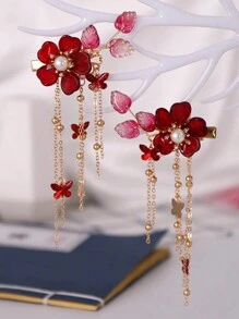 2 件中国风发夹，带有石榴、流苏和花朵设计，可爱甜美风格，是送给女性日常佩戴的完美礼物，优雅可爱，发饰，发夹，发夹，发夹 - 酒紅色 - 查看 1