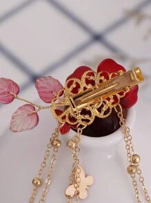 2 件中国风发夹，带有石榴、流苏和花朵设计，可爱甜美风格，是送给女性日常佩戴的完美礼物，优雅可爱，发饰，发夹，发夹，发夹 - 酒紅色 - 查看 4