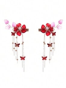 2 件中国风发夹，带有石榴、流苏和花朵设计，可爱甜美风格，是送给女性日常佩戴的完美礼物，优雅可爱，发饰，发夹，发夹，发夹 - 酒紅色 - 查看 5