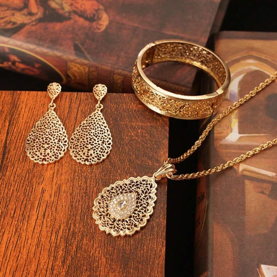 1 Bộ trang sức nữ bao gồm 1 đôi bông tai, 1 vòng tay và 1 mặt dây chuyền vòng cổ, mạ vàng, thích hợp cho cô dâu - Vàng - Xem 1