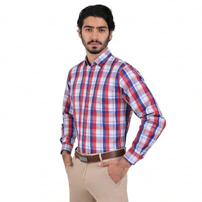 Camisa de vestir casual Michel Blanc hombre bottom down a cuadro azul y rojo