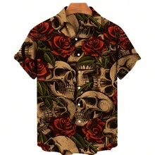 Camisa hawaiana informal de manga corta para hombre con estampado de calavera y alta elasticidad