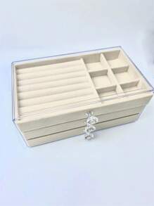 Beige Three-Drawer Jewelry Box With 3 Different Grid Design; Can Be Use To Store Earrings, Rings, Necklace, Bracelets, Watches And More. - Beige - View 1
