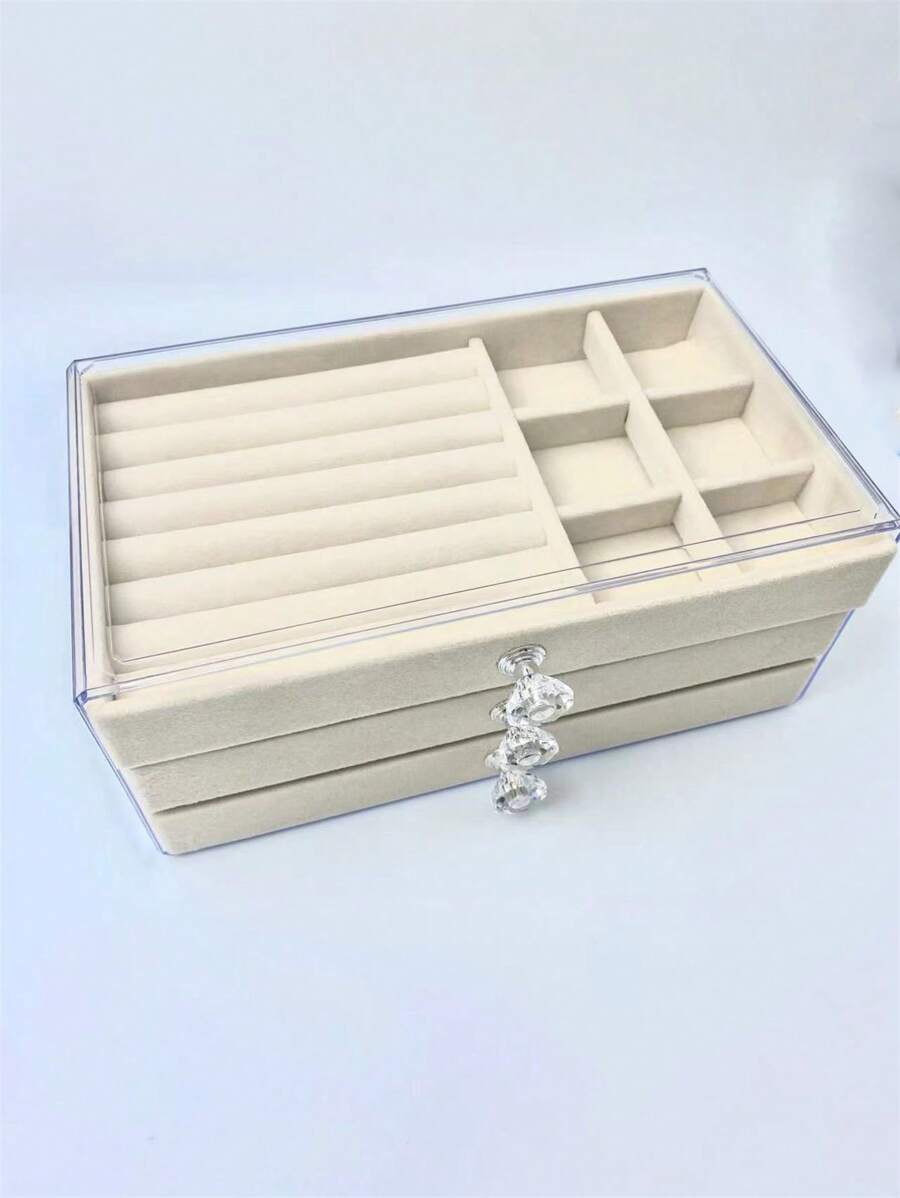 Beige Three-Drawer Jewelry Box With 3 Different Grid Design; Can Be Use To Store Earrings, Rings, Necklace, Bracelets, Watches And More. - Beige - View 1