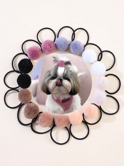 16pcs Earth Tone Pom Pom Hair Ties For Dogs And Cats,Cute Furry Elastic Bands,Puppy Dog Hair Ropes,Yorkie Dog Rubber Bands,Pet Hair Grooming,Pet Hair Accessories.