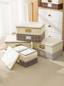 1pc Simple Style Grid Pattern Storage Box, Ideal For Clothes And Toys Organization - Brown - View 5