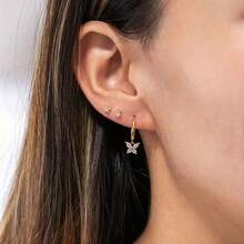 2pcs Fashionable & Creative Butterfly Pendant Circle Earrings With Stone, Hypoallergenic, Perfect For Festival & Christmas Gifts - Gold - View 3