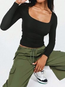 女裝短上衣長袖方領內衣,彈性貼身內層t恤上衣 - 黑色 - 查看 4