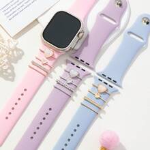 4 piezas Bucles de anillos con decoración de corazón y rhinestone para correas de relojes inteligentes de metal, decoraciones compatibles con la correa del Apple Watch - Talla única - Ver 1