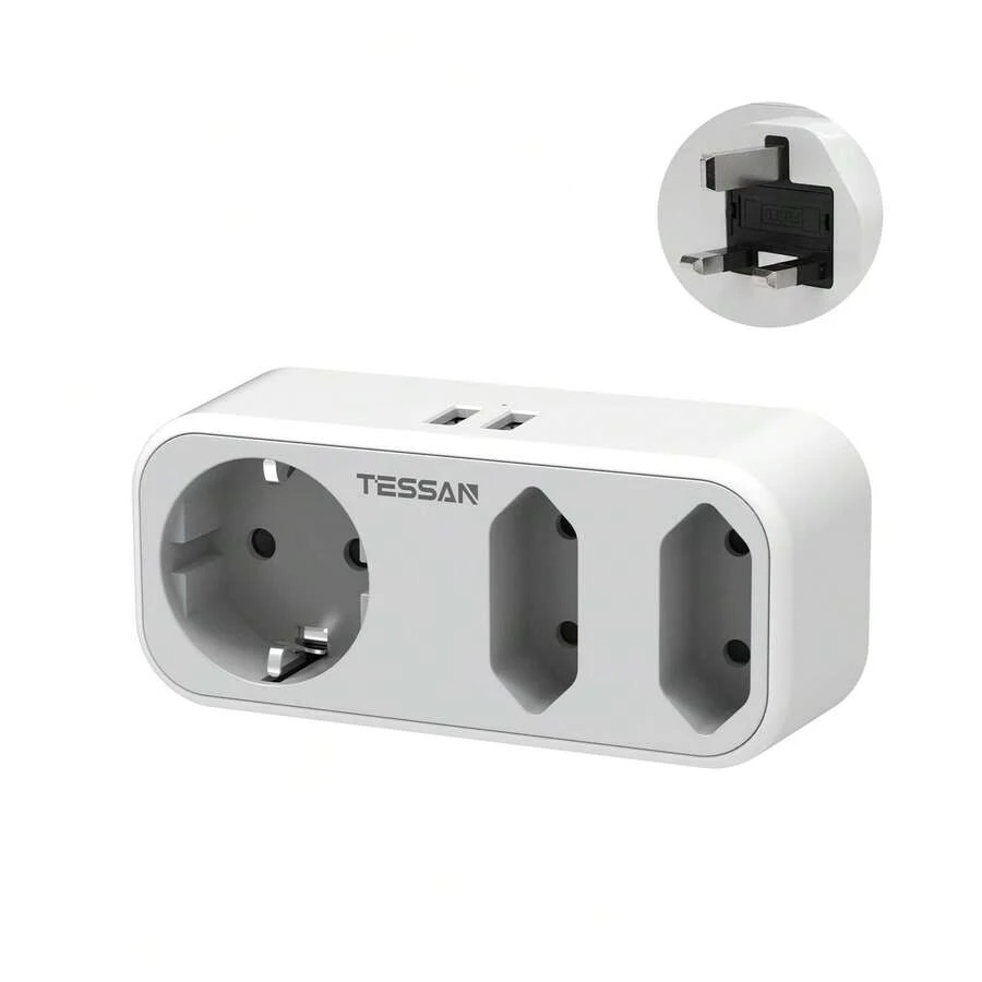 TESSAN Adaptador Enchufe Ingles a Español con Triple Enchufes, Adaptador Enchufe UK Irlanda, Ingles, Escocia, Maldivas, Adaptador Tipo g con 3 Tomas y 2 USB, Adaptador UK, Adaptador Enchufe Ingles - Gris - Ver 1