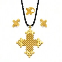 1Set  Cross Pendant Black Rope Earrings Ring Jewellery Sets African Eritrean Religion Wedding Party - Multicolor - View 11
