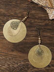 1pair European And American Bohemian Style Alloy Vintage Carved Round Discs Antique Brass Floral Designed Earrings For Women's Daily Use - Yellow Gold - View 5