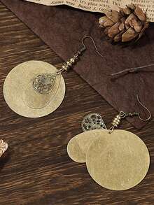 1pair European And American Bohemian Style Alloy Vintage Carved Round Discs Antique Brass Floral Designed Earrings For Women's Daily Use - Yellow Gold - View 6