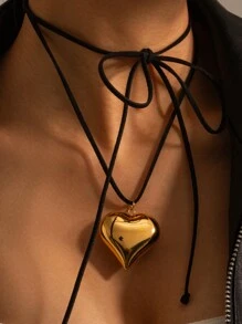 1入18K金鍍現代心形系列復古經典心臟韓國絨面吊墜項鍊，女性時尚配飾 - 金黃色 - 查看 4