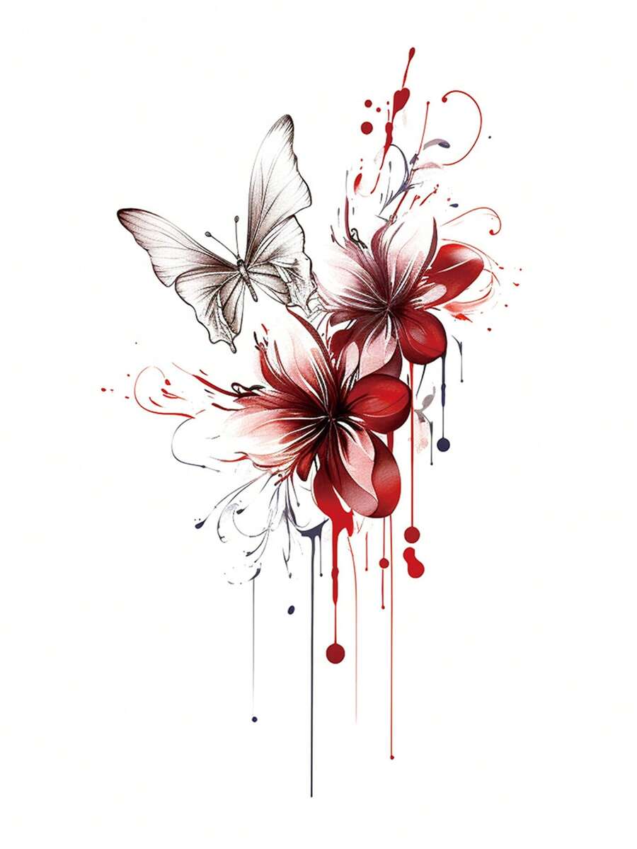 1pc Colorful Butterfly Pattern Waterproof Non-Reflective Long-Lasting Tattoo Sticker For Arm/Leg - Red - View 1