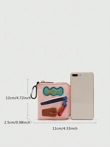 时尚百搭拼色小包带拉链装饰多隔层小卡包钱包短款钱包 - 粉色 - 查看 2