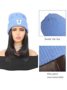 帽子假髮多合一女時尚針織帽鎖頭髮秋冬保暖短直髮全頭套 - Black-brown - 查看 6