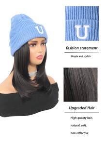 帽子假髮多合一女時尚針織帽鎖頭髮秋冬保暖短直髮全頭套 - Black-brown - 查看 5