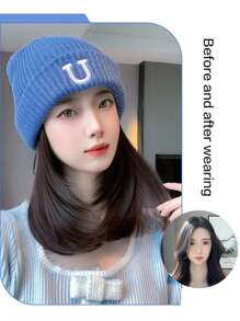 帽子假髮多合一女時尚針織帽鎖頭髮秋冬保暖短直髮全頭套 - Black-brown - 查看 3