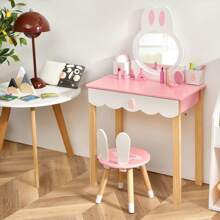 Children's Dressing Table With Mirror, Cosmetic Table With Stool, Dressing Table With Large Drawers, Dressing Table, Makeup Table For Girls & Children (Pink) - 粉色 - 查看 3
