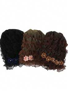 1頂女士帽子配有蕾絲頭巾,適用於媽媽,束髮,頭巾,短毛帽,頭帶,頭巾帽 - 咖啡棕 - 查看 5
