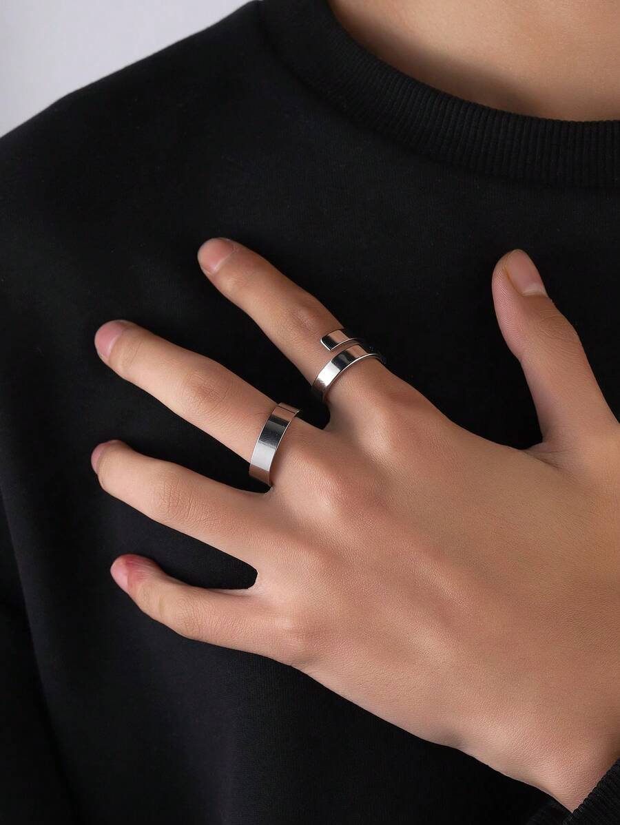 2pcs/Set Men's Simple Plain Stainless Steel Rings - Silver - View 1